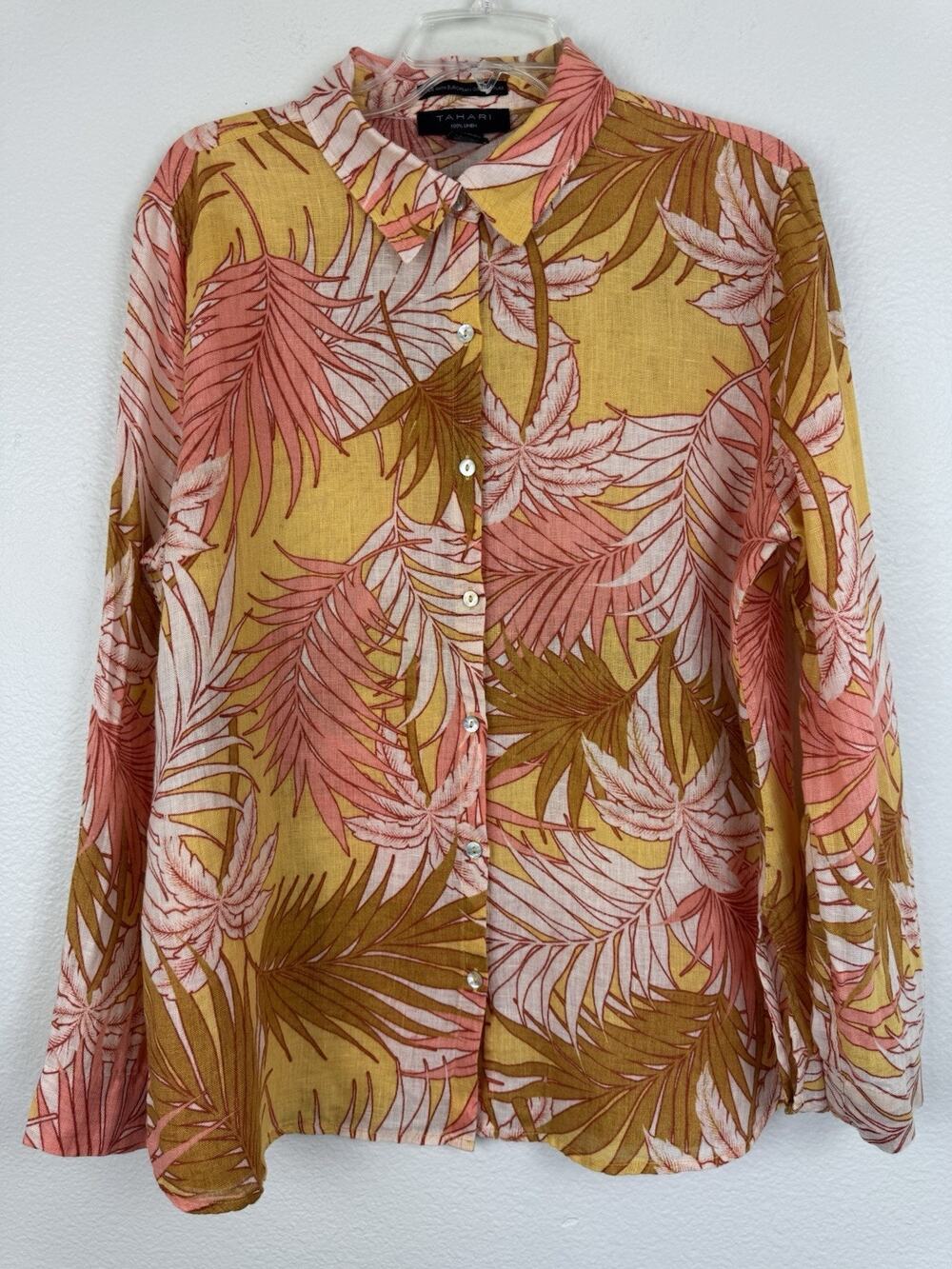 Tahari Tropical Palm European Flax Linen Button Down Top Resortwear Orange L